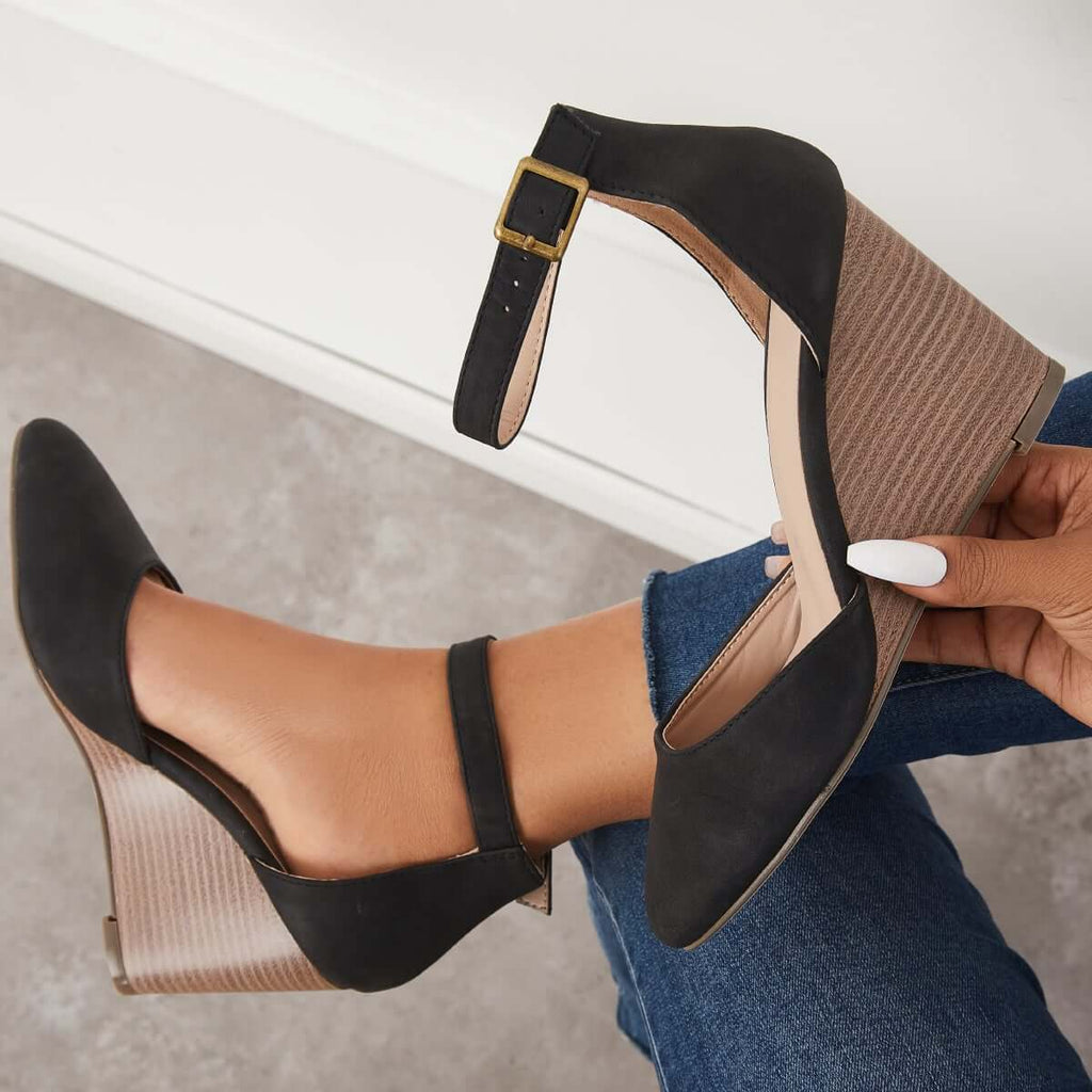 Suisecloths Classic Ankle Strap Wedges Pointed Toe Stacked Heel Dress Pumps