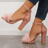 Pairmore Fluffy Chunky Block High Heel Sandals Ankle Strap Dress Pumps