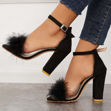 Suisecloths Fluffy Chunky Block High Heel Sandals Ankle Strap Dress Pumps