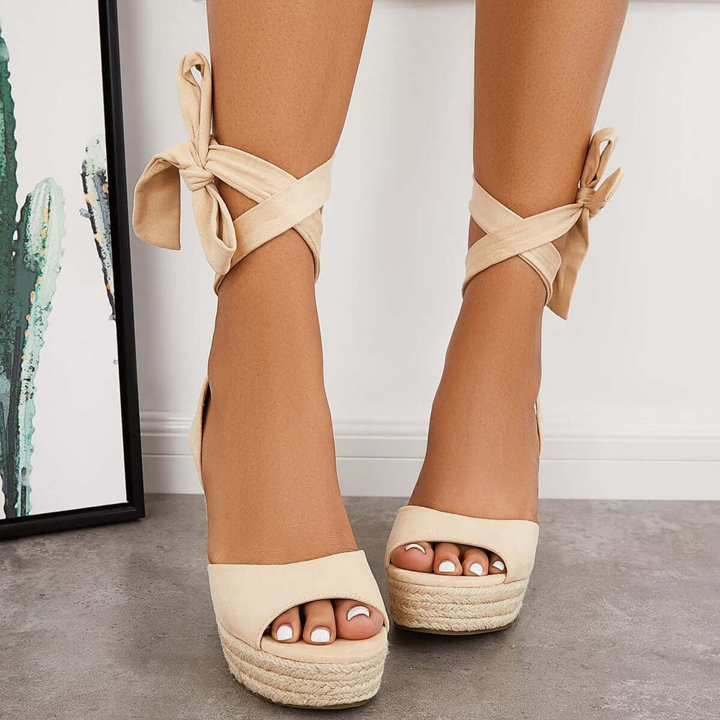 Suisecloths Lace up Espadrille Heel Platform Wedges Ankle Strap Sandals