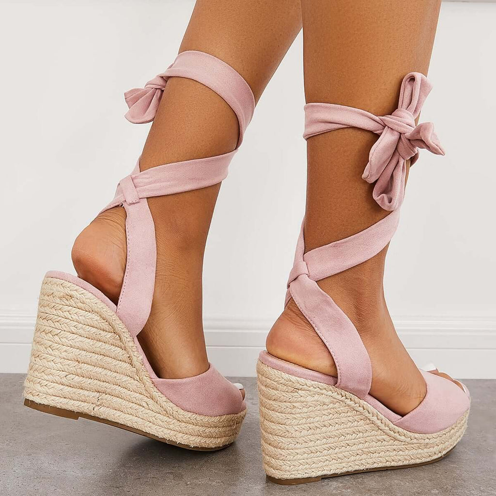 Suisecloths Lace up Espadrille Heel Platform Wedges Ankle Strap Sandals