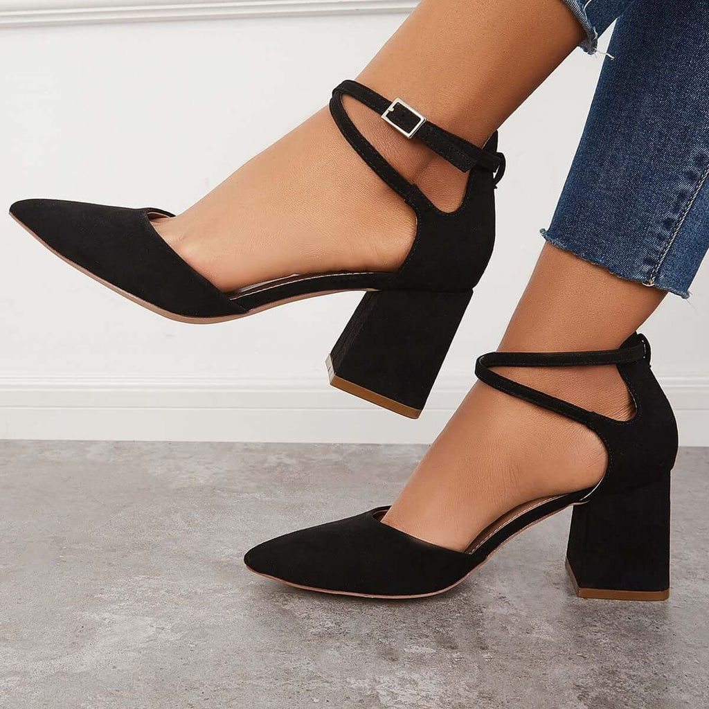 Pairmore Chunky Block Low Heel Pumps Pointed Toe Ankle Strap Heels