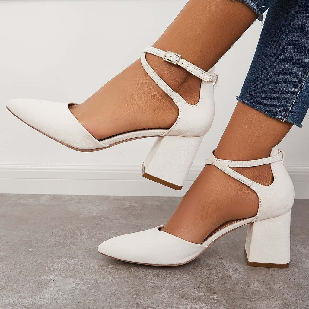 Pairmore Chunky Block Low Heel Pumps Pointed Toe Ankle Strap Heels