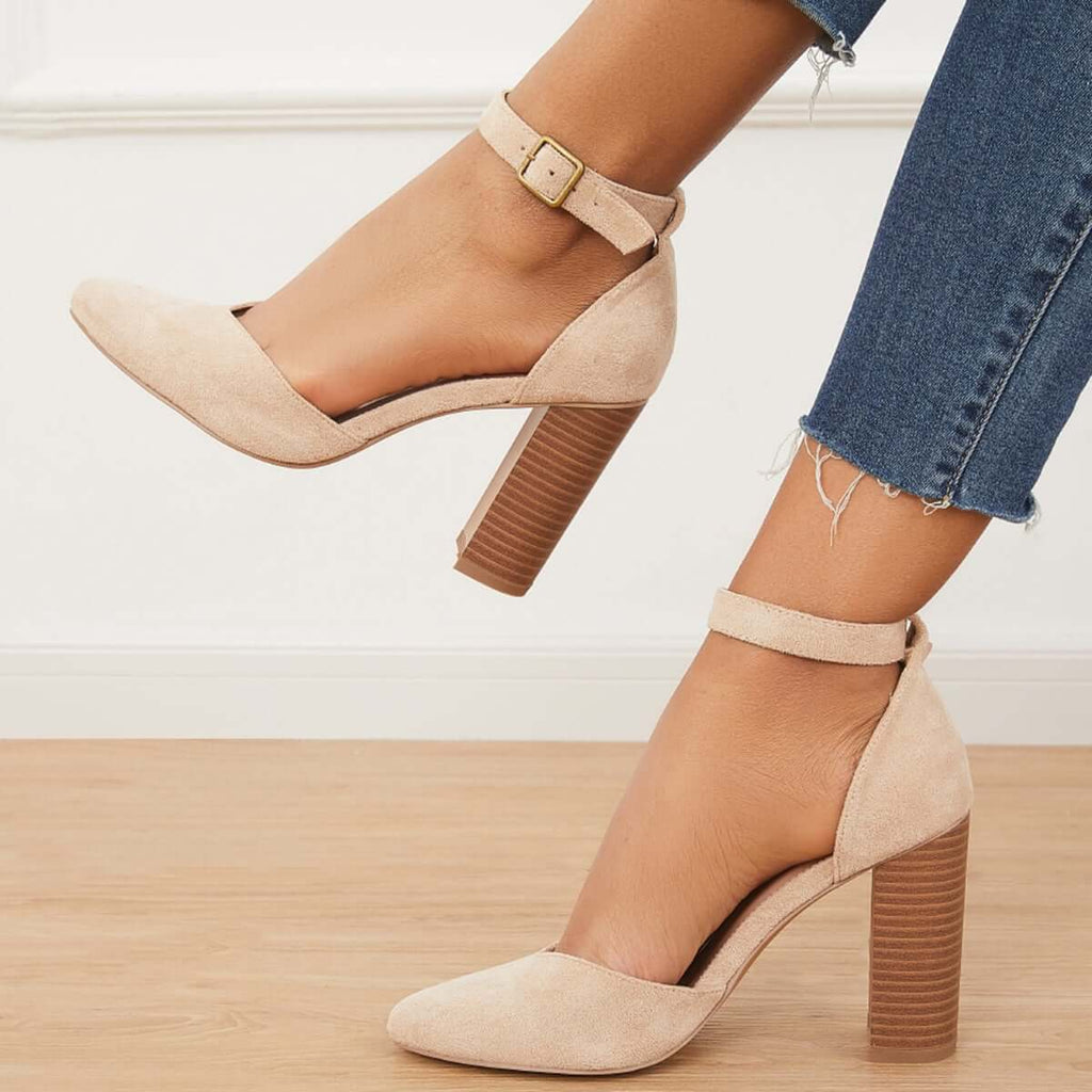 Suisecloths Casual Chunky Block High Heel Pumps Pointed Toe Ankle Strap Heels