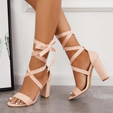 Suisecloths Lace Up High Heeled Sandals Chunky Block Ankle Tie Strap Heels