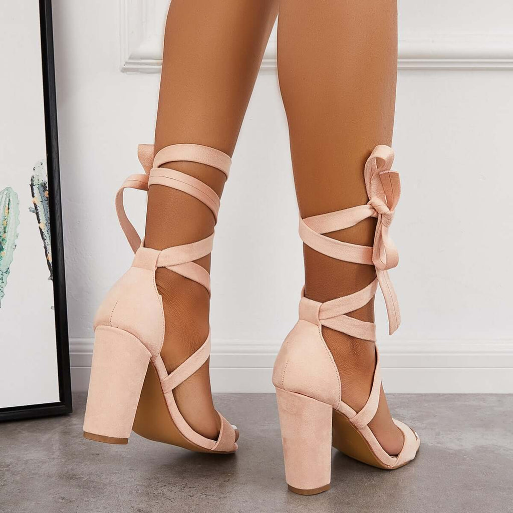 Suisecloths Lace Up High Heeled Sandals Chunky Block Ankle Tie Strap Heels