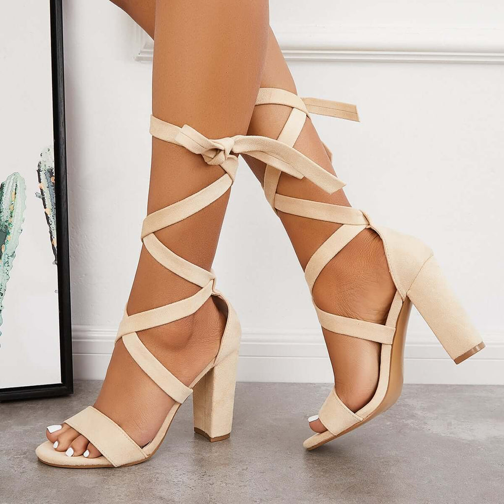 Suisecloths Chunky Block High Heels Lace Up Ankle Strap Sandals