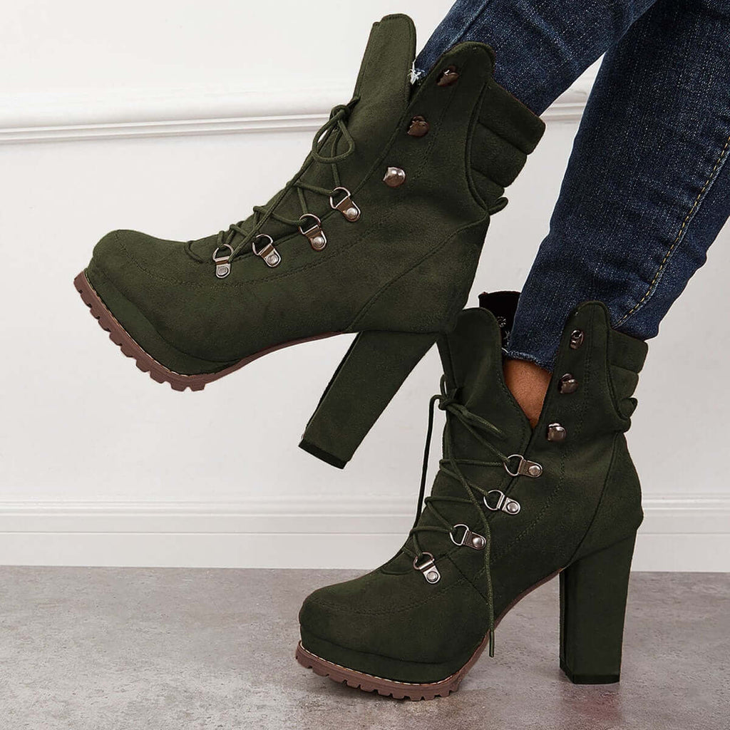 Suisecloths Non Slip Chunky Platform High Heels Lace Up Ankle Boots