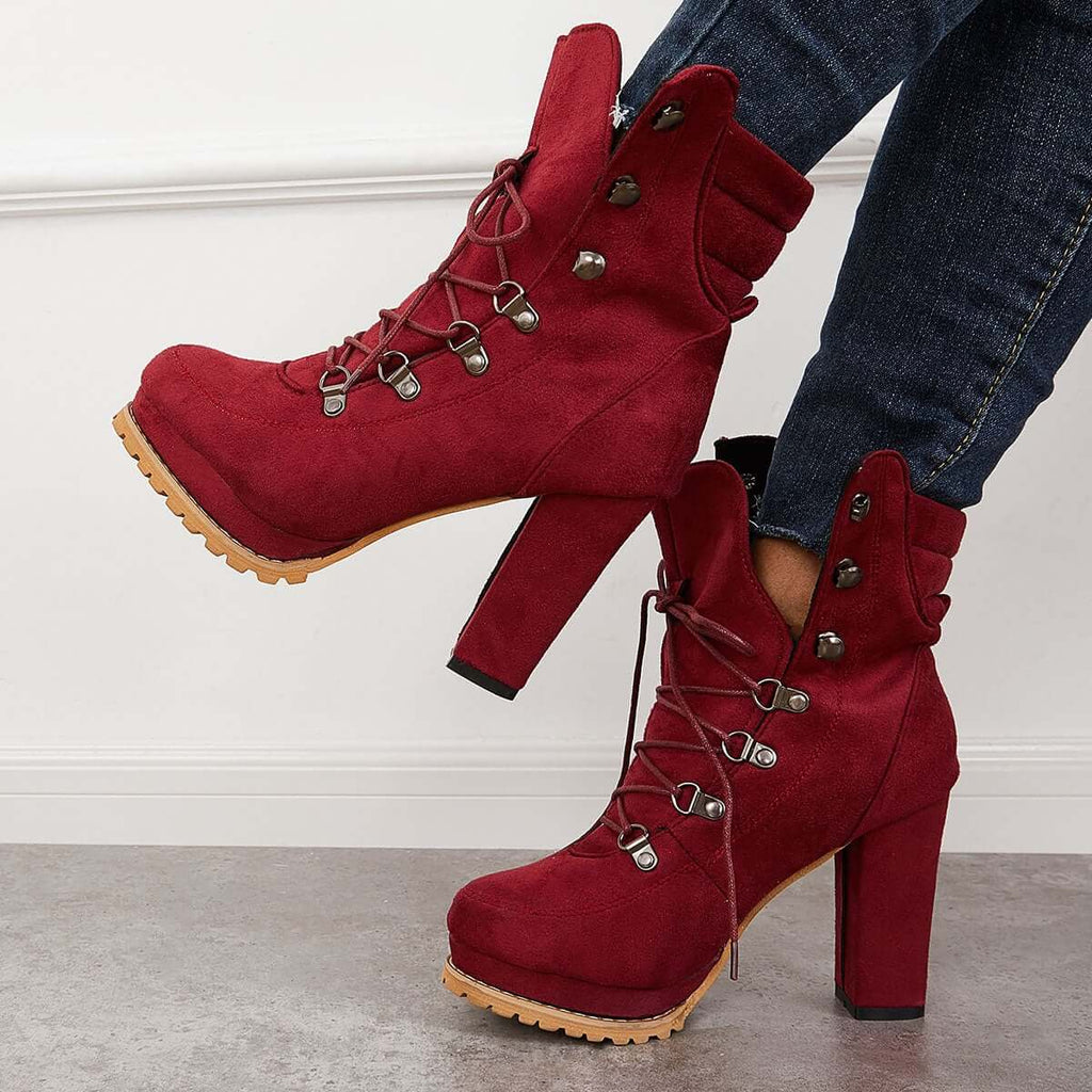 Suisecloths Non Slip Chunky Platform High Heels Lace Up Ankle Boots