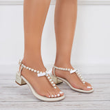 Pairmore Pearl T-Strap Block Heel Sandals Ankle Strap Flip Flops Sandals