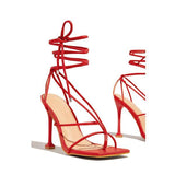 Pairmore Lace-Up Open Squared Toe Thong Strap Heels