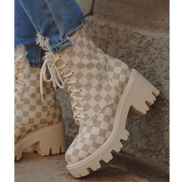 Pairmore Checkerboard Pattern Lace Up Chunky Sole Boots