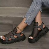 Pairmore Rhinestone Hollow-Out Velcro Solid Color Platform Sandals
