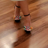 Pairmore Colorful 3D Flowers Snake Embossed Ankle Strap Heels
