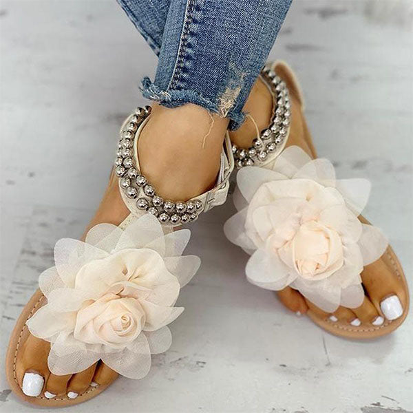 Pairmore 3D Flower String Beads Ankle Straps Flat Sandals