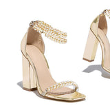 Pairmore Gold-Tone Chain Embellished Ankle Strap Chunky Heels